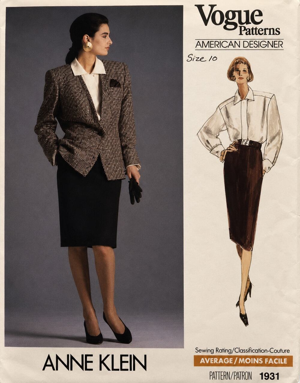 Vogue Anne Klein Sewing Pattern Career Skirt & Blazer Size 10 Uncut